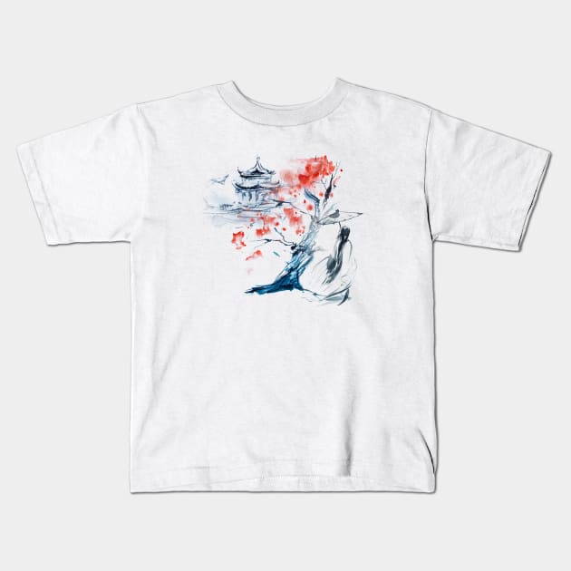 Japanese Sumi E - Lady Walking Beneath Tree Kids T-Shirt by Underthespell